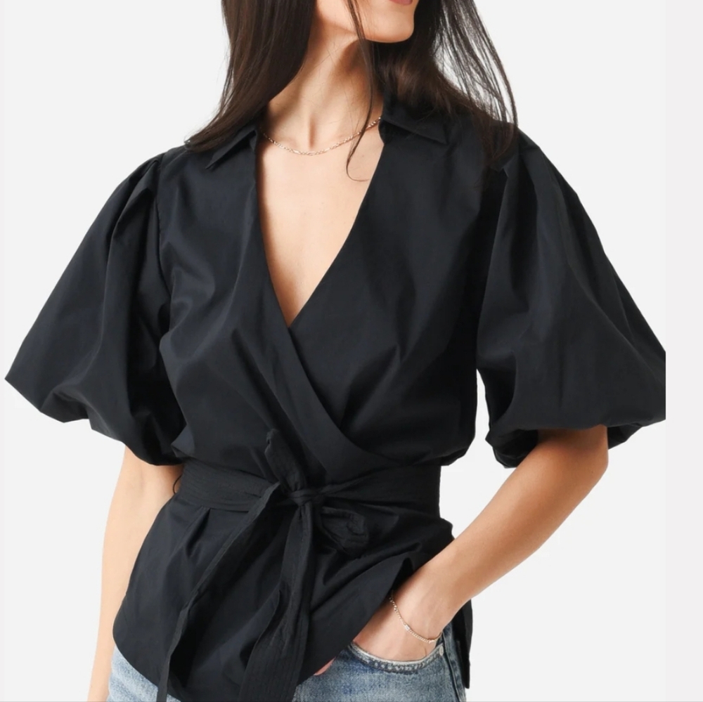 Jonathan Simkhai Waverly Black Puff Sleeve Wrap Blouse